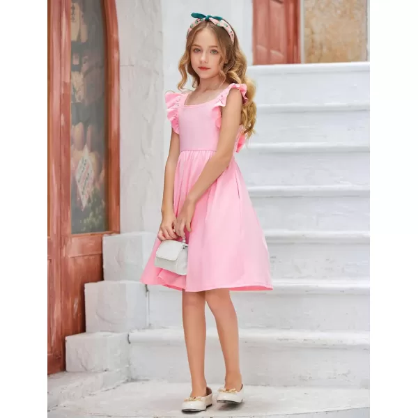 Arshiner Girls Summer Dresses Square Neck Ruffle Sleeve Tie Back A-Line Swing Casual Midi Dress with Pockets