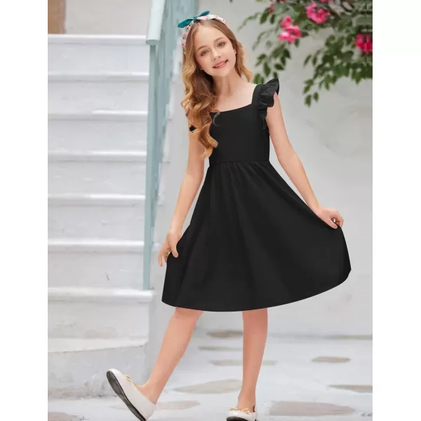 Arshiner Girls Summer Dresses Square Neck Ruffle Sleeve Tie Back A-Line Swing Casual Midi Dress with Pockets