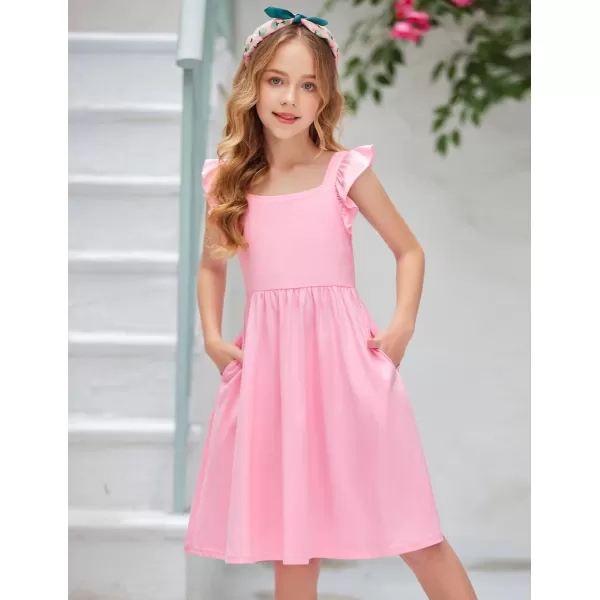 Arshiner Girls Summer Dresses Square Neck Ruffle Sleeve Tie Back A-Line Swing Casual Midi Dress with Pockets