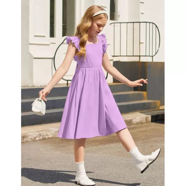 Arshiner Girls Summer Dresses Square Neck Ruffle Sleeve Tie Back A-Line Swing Casual Midi Dress with Pockets