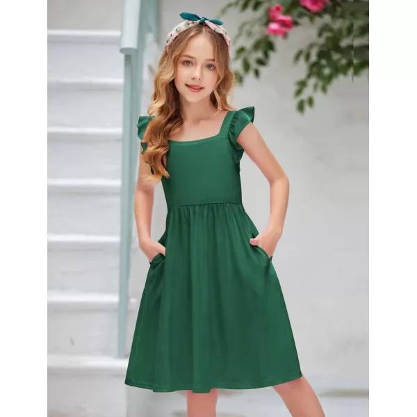 Arshiner Girls Summer Dresses Square Neck Ruffle Sleeve Tie Back A-Line Swing Casual Midi Dress with Pockets
