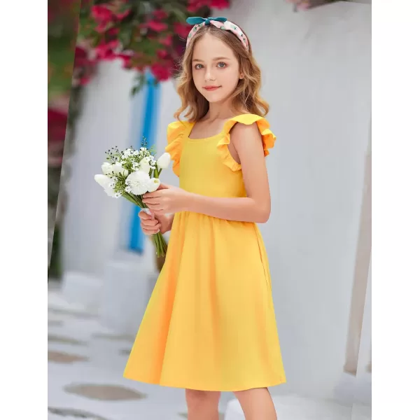 Arshiner Girls Summer Dresses Square Neck Ruffle Sleeve Tie Back A-Line Swing Casual Midi Dress with Pockets
