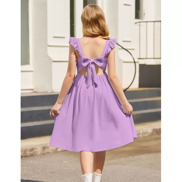 Arshiner Girls Summer Dresses Square Neck Ruffle Sleeve Tie Back A-Line Swing Casual Midi Dress with Pockets