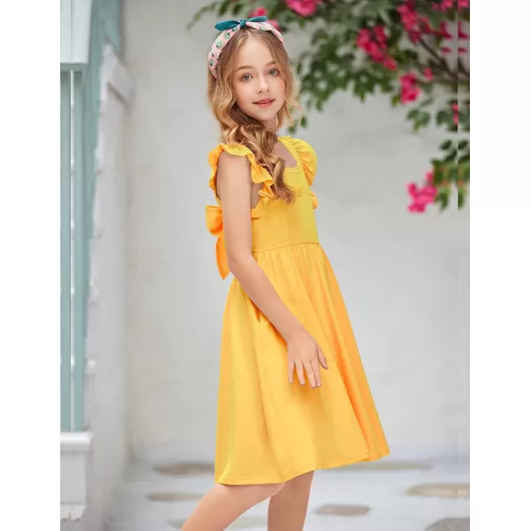 Arshiner Girls Summer Dresses Square Neck Ruffle Sleeve Tie Back A-Line Swing Casual Midi Dress with Pockets