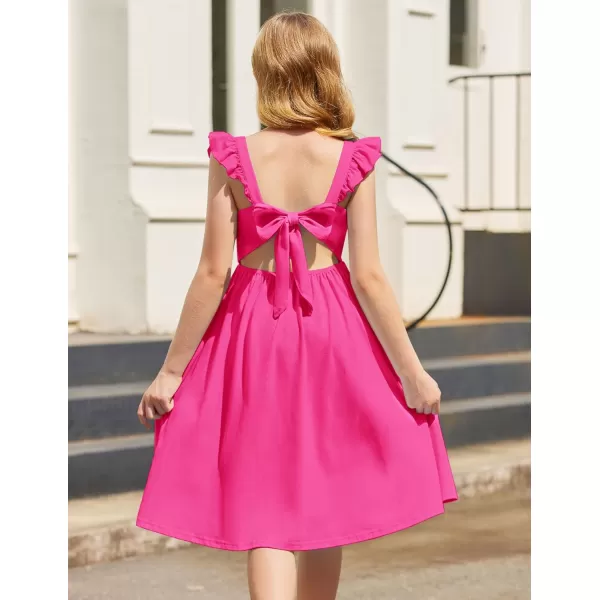 Arshiner Girls Summer Dresses Square Neck Ruffle Sleeve Tie Back A-Line Swing Casual Midi Dress with Pockets