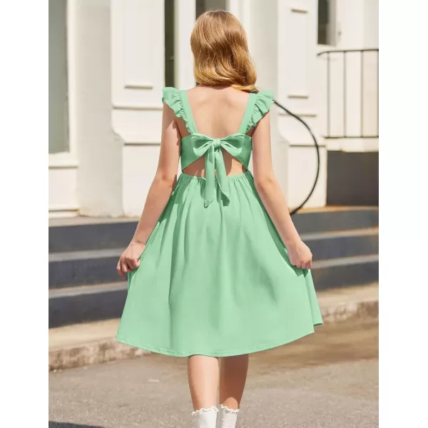 Arshiner Girls Summer Dresses Square Neck Ruffle Sleeve Tie Back A-Line Swing Casual Midi Dress with Pockets
