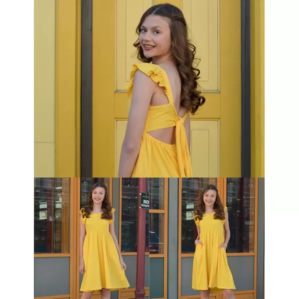 Arshiner Girls Summer Dresses Square Neck Ruffle Sleeve Tie Back A-Line Swing Casual Midi Dress with Pockets