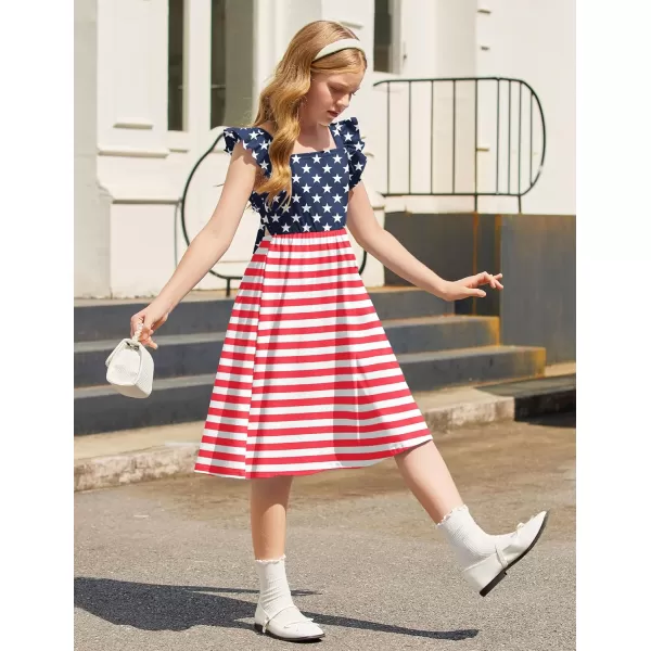 Arshiner Girls Summer Dresses Square Neck Ruffle Sleeve Tie Back A-Line Swing Casual Midi Dress with Pockets