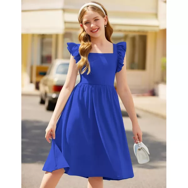 Arshiner Girls Summer Dresses Square Neck Ruffle Sleeve Tie Back A-Line Swing Casual Midi Dress with Pockets