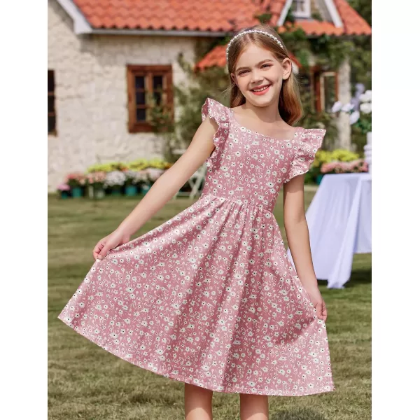 Arshiner Girls Summer Dresses Square Neck Ruffle Sleeve Tie Back A-Line Swing Casual Midi Dress with Pockets