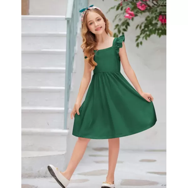 Arshiner Girls Summer Dresses Square Neck Ruffle Sleeve Tie Back A-Line Swing Casual Midi Dress with Pockets