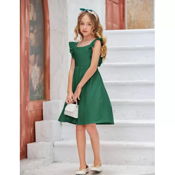 Arshiner Girls Summer Dresses Square Neck Ruffle Sleeve Tie Back A-Line Swing Casual Midi Dress with Pockets