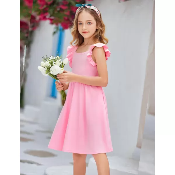 Arshiner Girls Summer Dresses Square Neck Ruffle Sleeve Tie Back A-Line Swing Casual Midi Dress with Pockets