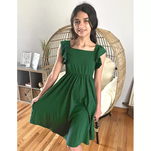 Arshiner Girls Summer Dresses Square Neck Ruffle Sleeve Tie Back A-Line Swing Casual Midi Dress with Pockets