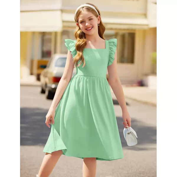 Arshiner Girls Summer Dresses Square Neck Ruffle Sleeve Tie Back A-Line Swing Casual Midi Dress with Pockets