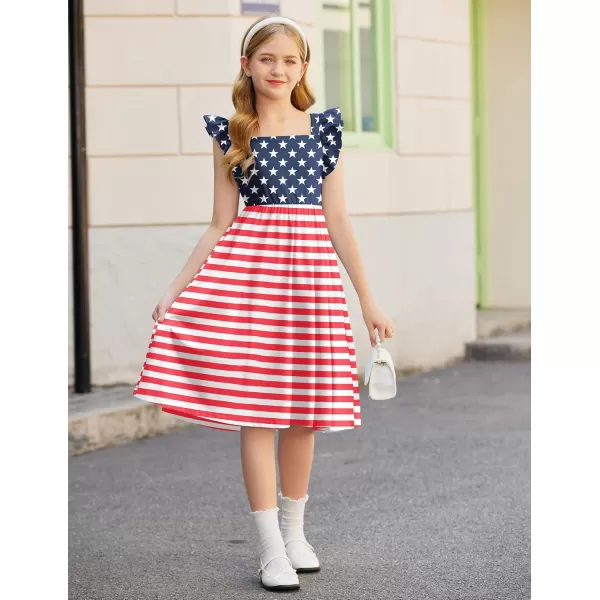 Arshiner Girls Summer Dresses Square Neck Ruffle Sleeve Tie Back A-Line Swing Casual Midi Dress with Pockets