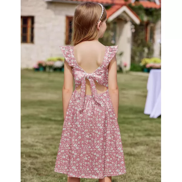 Arshiner Girls Summer Dresses Square Neck Ruffle Sleeve Tie Back A-Line Swing Casual Midi Dress with Pockets