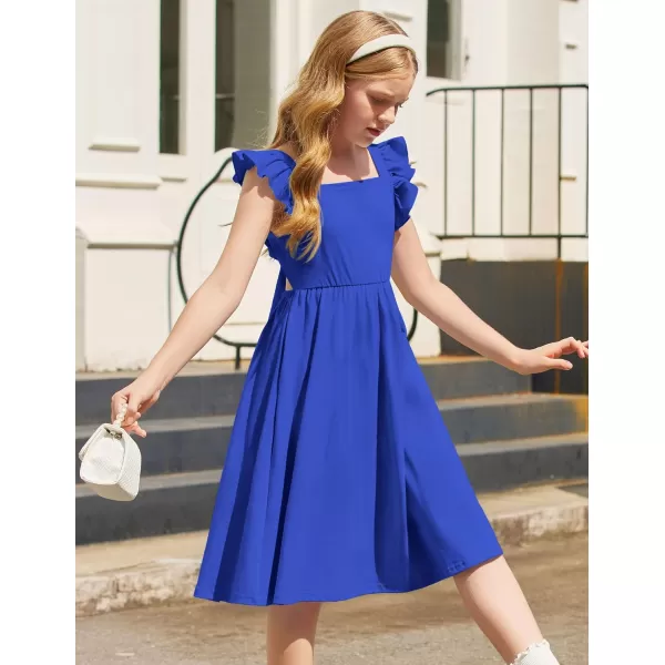 Arshiner Girls Summer Dresses Square Neck Ruffle Sleeve Tie Back A-Line Swing Casual Midi Dress with Pockets