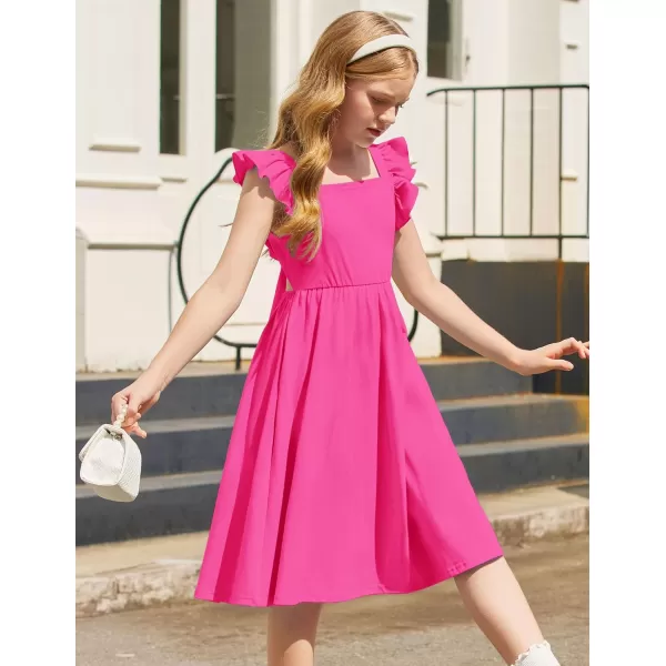 Arshiner Girls Summer Dresses Square Neck Ruffle Sleeve Tie Back A-Line Swing Casual Midi Dress with Pockets