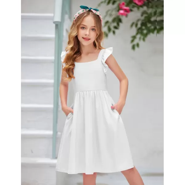 Arshiner Girls Summer Dresses Square Neck Ruffle Sleeve Tie Back A-Line Swing Casual Midi Dress with Pockets