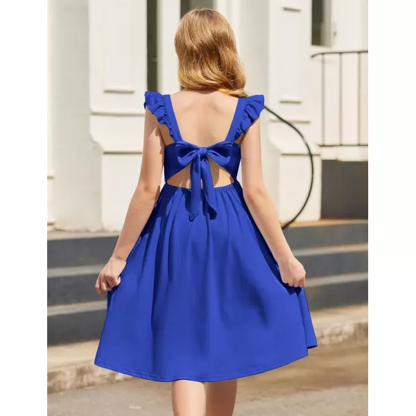 Arshiner Girls Summer Dresses Square Neck Ruffle Sleeve Tie Back A-Line Swing Casual Midi Dress with Pockets