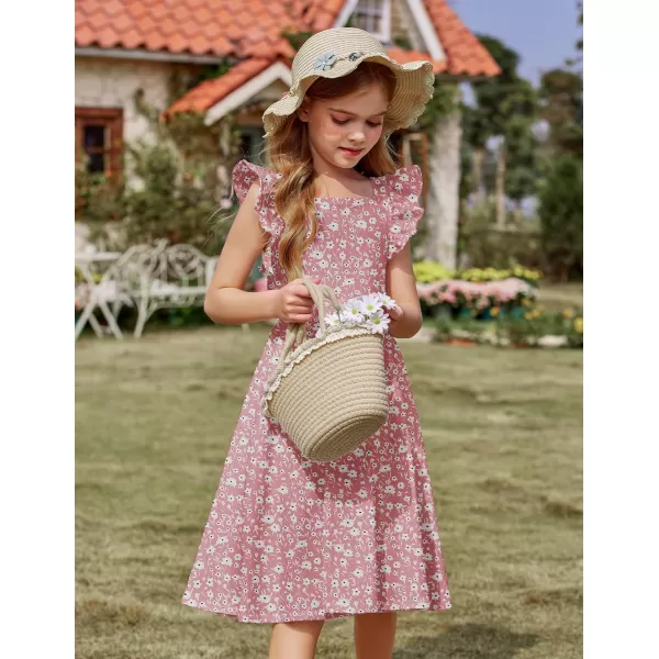Arshiner Girls Summer Dresses Square Neck Ruffle Sleeve Tie Back A-Line Swing Casual Midi Dress with Pockets