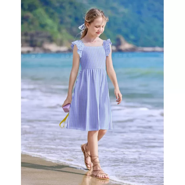 Arshiner Girls Summer Dresses Square Neck Ruffle Sleeve Tie Back A-Line Swing Casual Midi Dress with Pockets