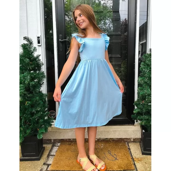 Arshiner Girls Summer Dresses Square Neck Ruffle Sleeve Tie Back A-Line Swing Casual Midi Dress with Pockets