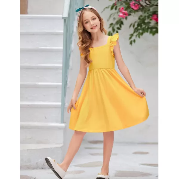 Arshiner Girls Summer Dresses Square Neck Ruffle Sleeve Tie Back A-Line Swing Casual Midi Dress with Pockets