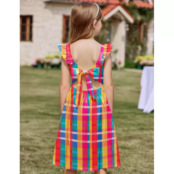 Arshiner Girls Summer Dresses Square Neck Ruffle Sleeve Tie Back A-Line Swing Casual Midi Dress with Pockets