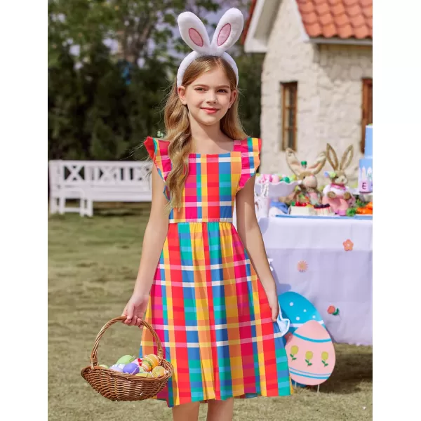 Arshiner Girls Summer Dresses Square Neck Ruffle Sleeve Tie Back A-Line Swing Casual Midi Dress with Pockets