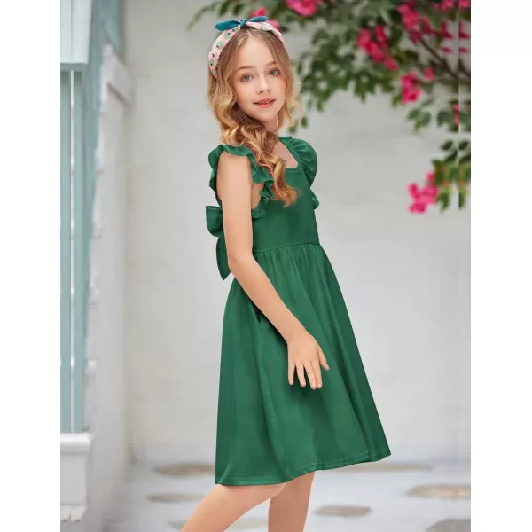 Arshiner Girls Summer Dresses Square Neck Ruffle Sleeve Tie Back A-Line Swing Casual Midi Dress with Pockets