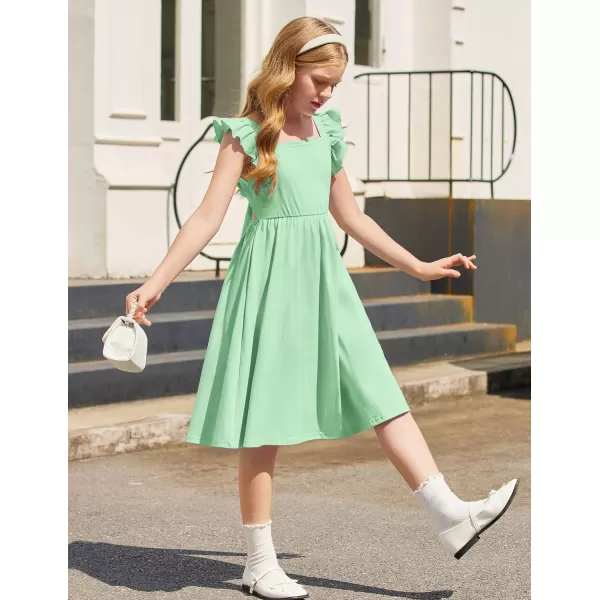 Arshiner Girls Summer Dresses Square Neck Ruffle Sleeve Tie Back A-Line Swing Casual Midi Dress with Pockets