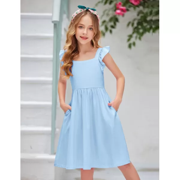 Arshiner Girls Summer Dresses Square Neck Ruffle Sleeve Tie Back A-Line Swing Casual Midi Dress with Pockets