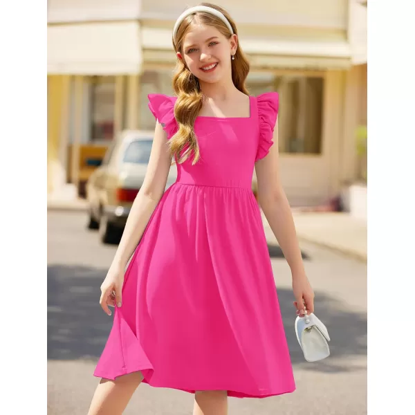 Arshiner Girls Summer Dresses Square Neck Ruffle Sleeve Tie Back A-Line Swing Casual Midi Dress with Pockets