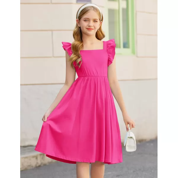 Arshiner Girls Summer Dresses Square Neck Ruffle Sleeve Tie Back A-Line Swing Casual Midi Dress with Pockets