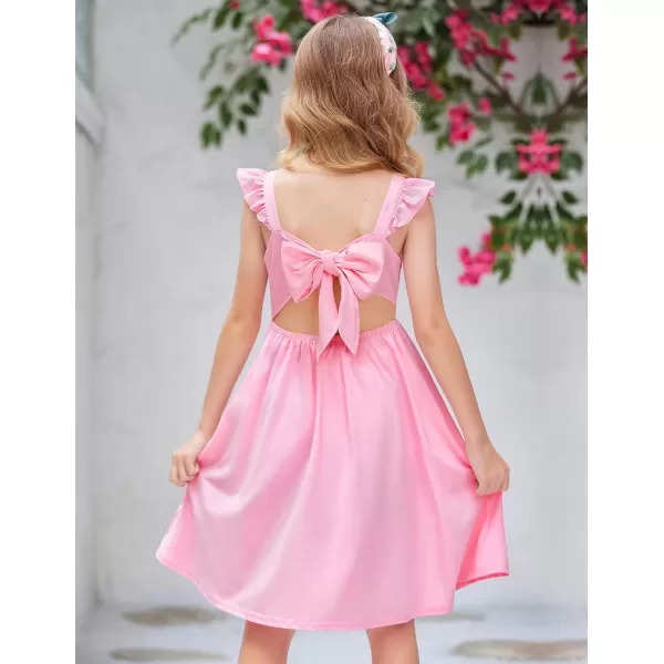 Arshiner Girls Summer Dresses Square Neck Ruffle Sleeve Tie Back A-Line Swing Casual Midi Dress with Pockets