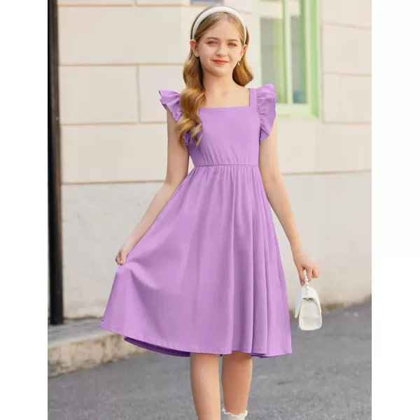 Arshiner Girls Summer Dresses Square Neck Ruffle Sleeve Tie Back A-Line Swing Casual Midi Dress with Pockets