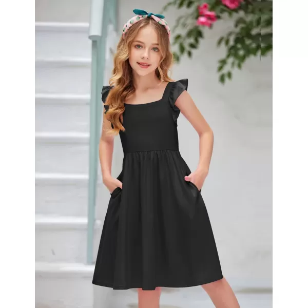 Arshiner Girls Summer Dresses Square Neck Ruffle Sleeve Tie Back A-Line Swing Casual Midi Dress with Pockets