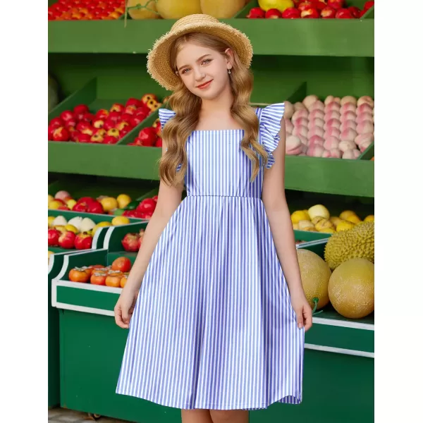 Arshiner Girls Summer Dresses Square Neck Ruffle Sleeve Tie Back A-Line Swing Casual Midi Dress with Pockets