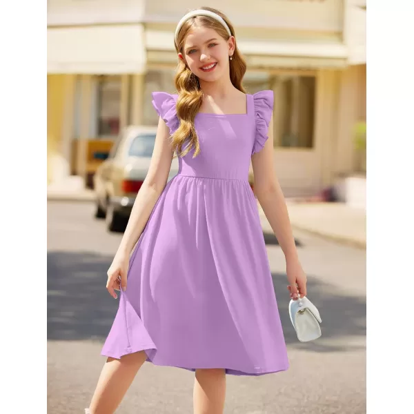 Arshiner Girls Summer Dresses Square Neck Ruffle Sleeve Tie Back A-Line Swing Casual Midi Dress with Pockets