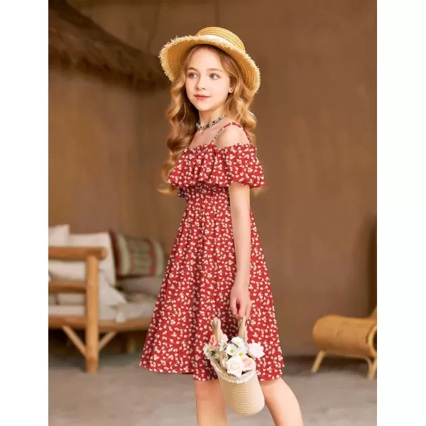 Arshiner Girls Summer Floral Ruffle Sundress Cold Shoulder Casual Holiday Dresses