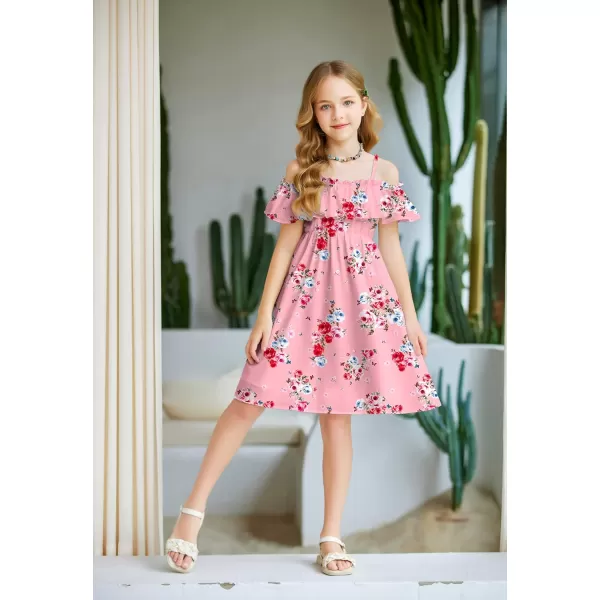 Arshiner Girls Summer Floral Ruffle Sundress Cold Shoulder Casual Holiday Dresses