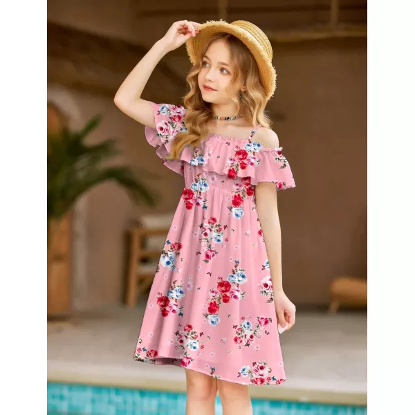 Arshiner Girls Summer Floral Ruffle Sundress Cold Shoulder Casual Holiday Dresses