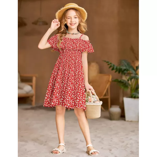 Arshiner Girls Summer Floral Ruffle Sundress Cold Shoulder Casual Holiday Dresses