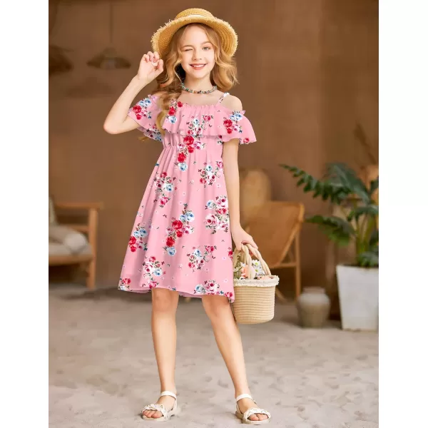 Arshiner Girls Summer Floral Ruffle Sundress Cold Shoulder Casual Holiday Dresses