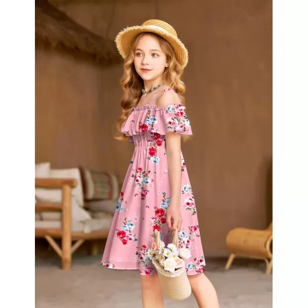 Arshiner Girls Summer Floral Ruffle Sundress Cold Shoulder Casual Holiday Dresses