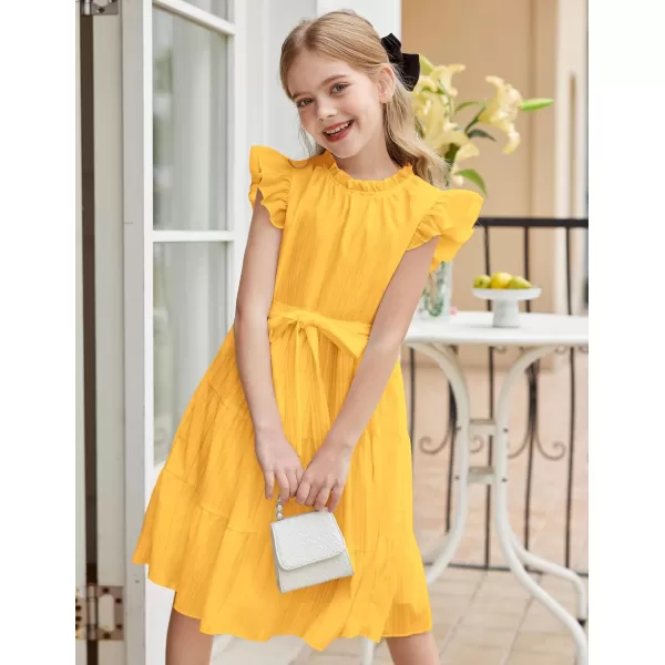Arshiner Tween Girls Summer Dress Formal Ruffle Sleeve A Line Casual Elegant Dresses with Belt