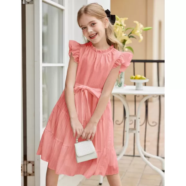 Arshiner Tween Girls Summer Dress Formal Ruffle Sleeve A Line Casual Elegant Dresses with Belt