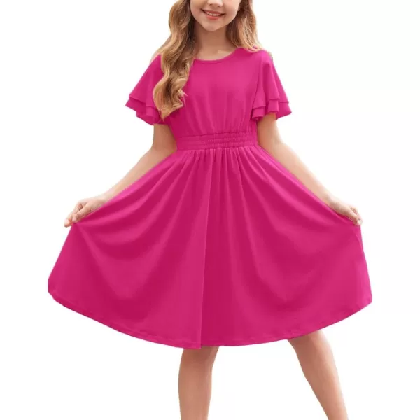 Arshiner Girl's Casual Dress Summer Scoop Neck Short Sleeve Flowy Print and Plain Sundress for Kids 4-14Y